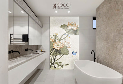 Lotus Serenade: Stone Mosaic Art Panel with Kingfisher and Blooming Lotus