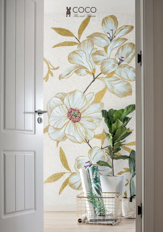 Gilded Petals: Elegant White Flower and Gold Leaf Mosaic Tile