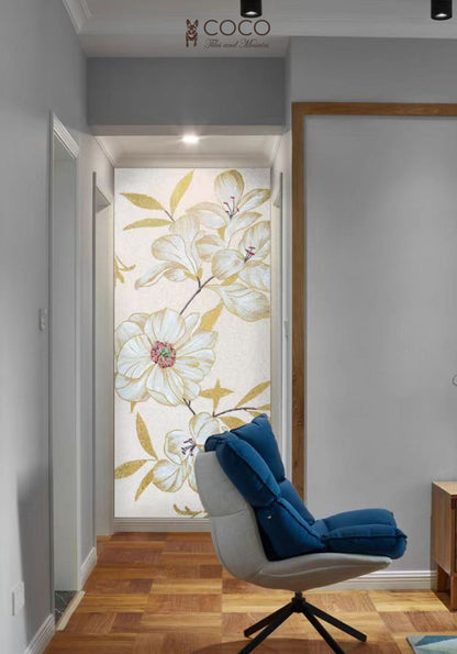 Gilded Petals: Elegant White Flower and Gold Leaf Mosaic Tile