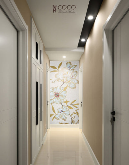 Gilded Petals: Elegant White Flower and Gold Leaf Mosaic Tile