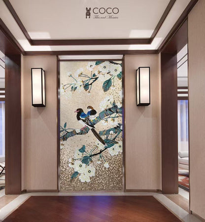 Ever After: Romantic Lovebird Mosaic Mural with White Blossoms and Botanical Branch
