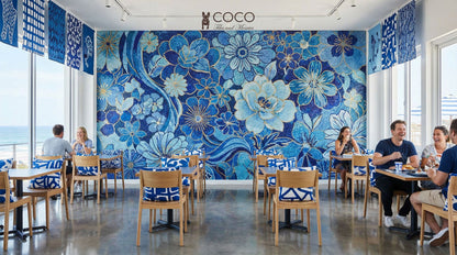Azure Bloom - Coastal Blue Floral Glass Mosaic Mural