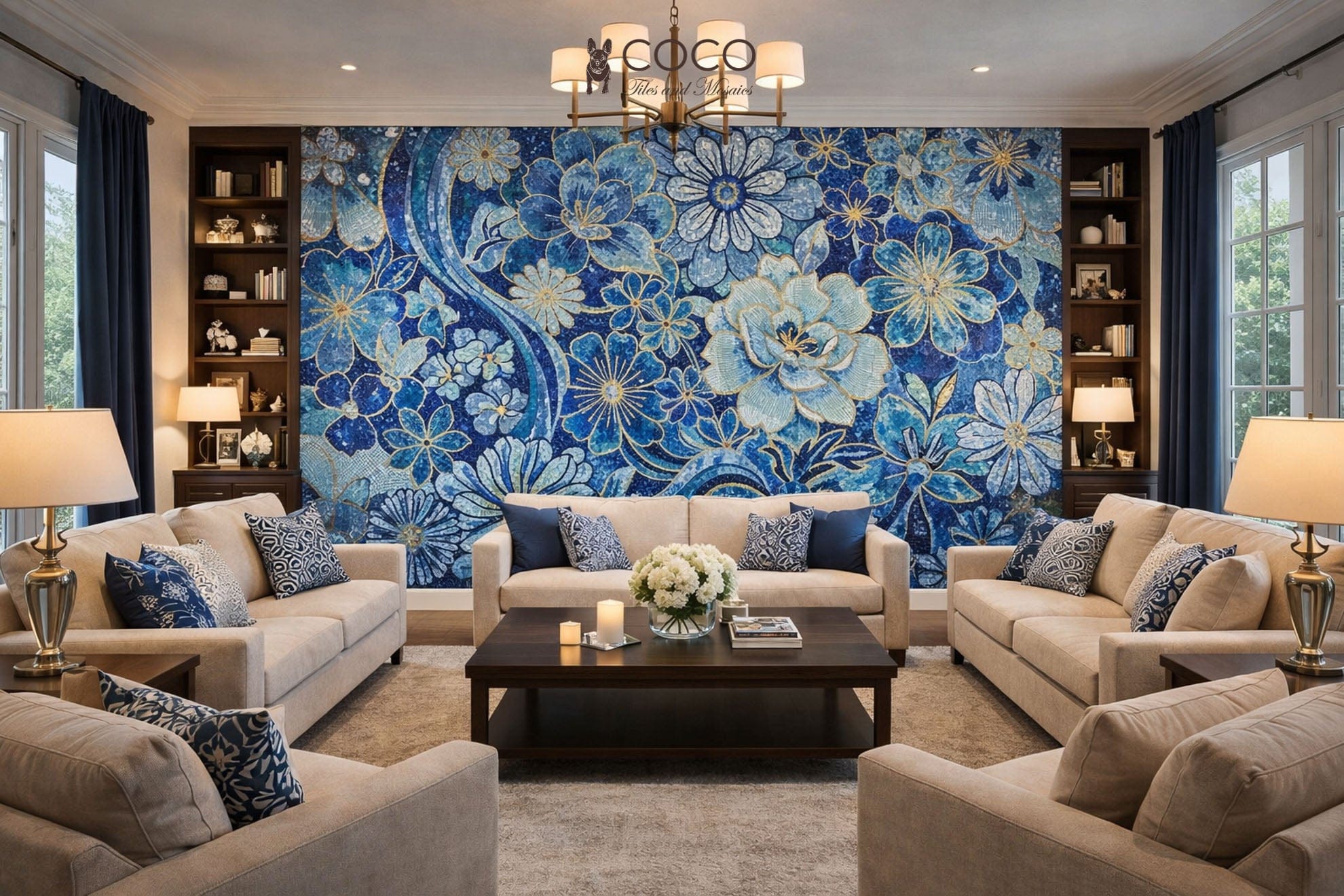 Azure Bloom - Coastal Blue Floral Glass Mosaic Mural