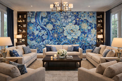 Azure Bloom - Coastal Blue Floral Glass Mosaic Mural