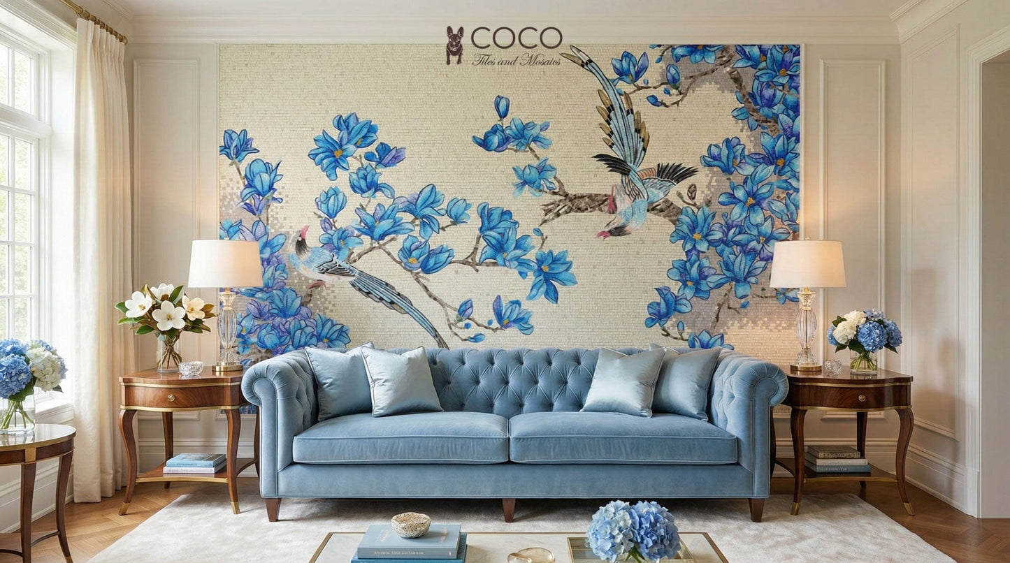 Azure Magnolia Songbirds Glass Mosaic Art