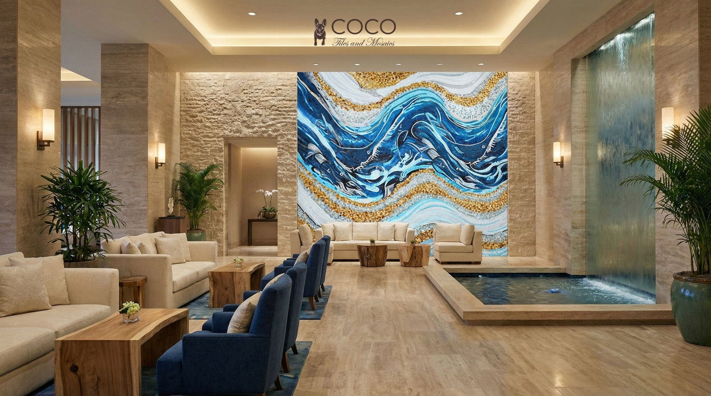 Azure Tides Abstract Glass Mosaic Art