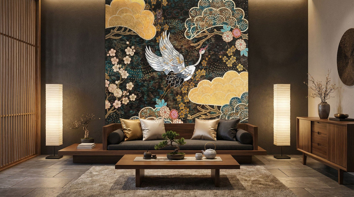 Celestial Crane Garden Glass Mosaic Art by CoCo Tiles displayed in a living room