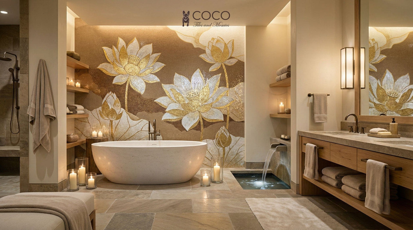 Celestial Lotus - Gold & Ivory Glass Mosaic Mural