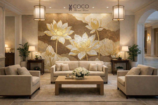 Celestial Lotus - Gold & Ivory Glass Mosaic Mural