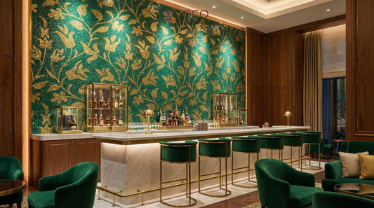 Emerald Filigree - Gold Botanical Glass Mosaic Mural