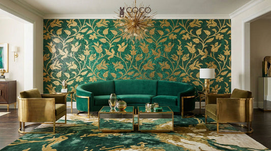 Emerald Filigree - Gold Botanical Glass Mosaic Mural