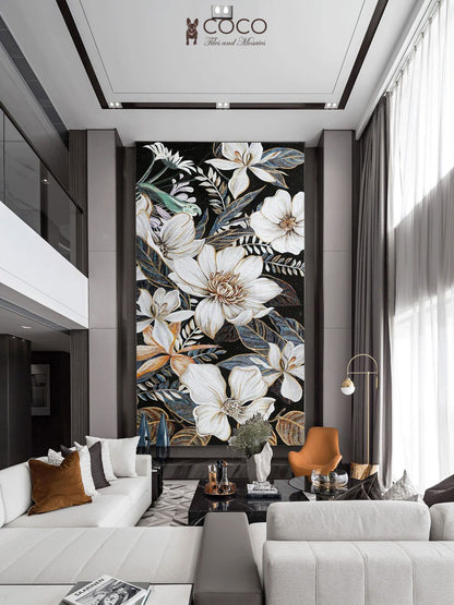 Obsidian Flora - Ivory & Black Magnolia Botanical Glass Mosaic Mural