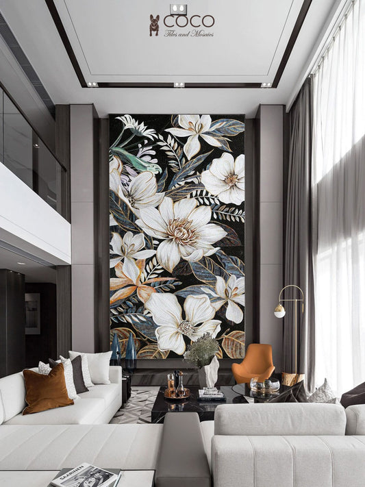 Obsidian Flora - Ivory & Black Magnolia Botanical Glass Mosaic Mural