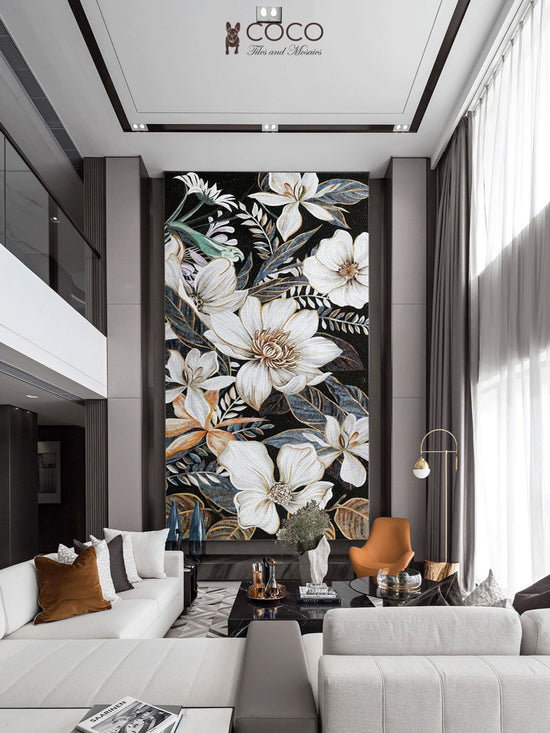 Obsidian Flora - Ivory & Black Magnolia Botanical Glass Mosaic Mural