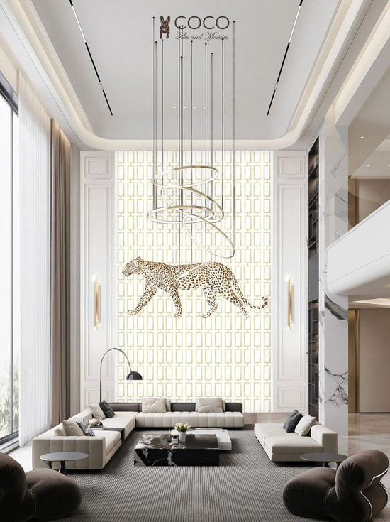 Geometric Savannah - Gold & White Leopard Matrix Glass Mosaic Mural
