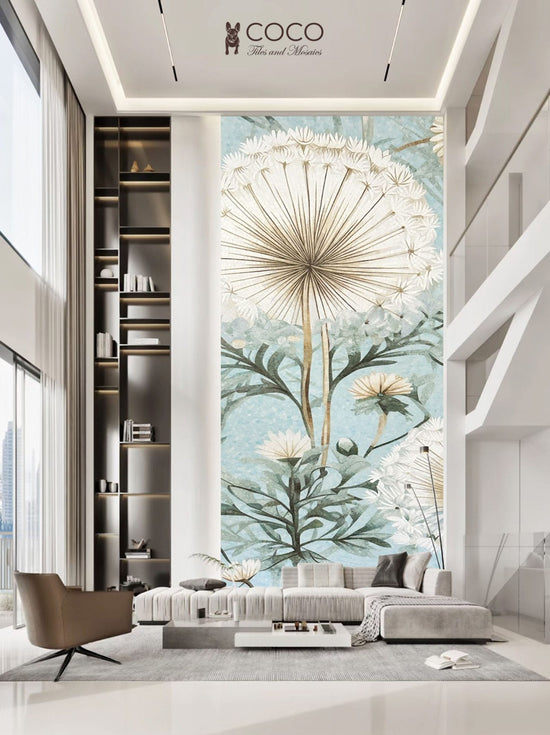 Aqua Breeze - Mint & Cream Dandelion Botanical Glass Mosaic Mural