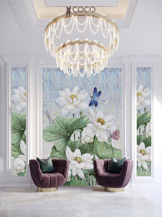 Tranquil Waters - Ivory & Sage Lotus Pond Glass Mosaic Mural
