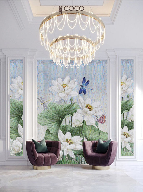 Tranquil Waters - Ivory & Sage Lotus Pond Glass Mosaic Mural
