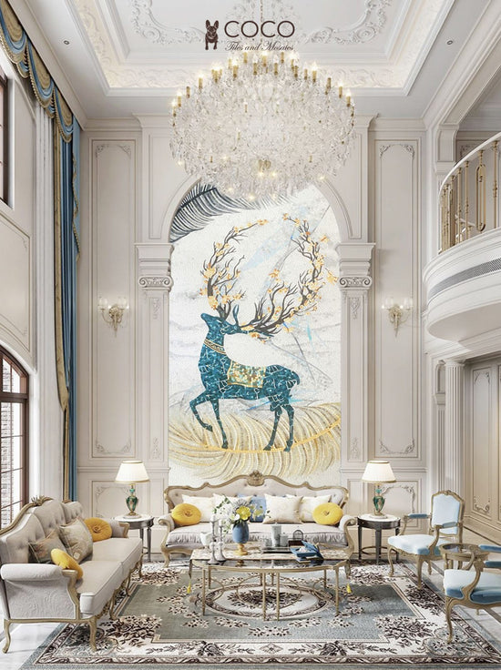 Turquoise Stag - Teal & Gold Decorative Deer Glass Mosaic Mural