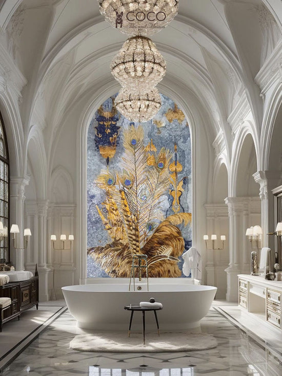 Opulent Plumes - Gold & Navy Peacock Feather Glass Mosaic Mural