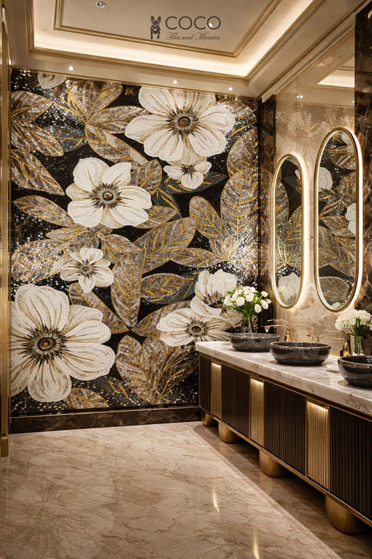 Gold Floralscape Mosaic Tile Art