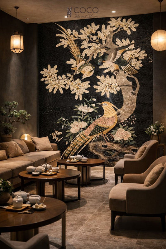 Golden Plumage: Elegant Black Stone Mosaic Art with Birds and Blossoms