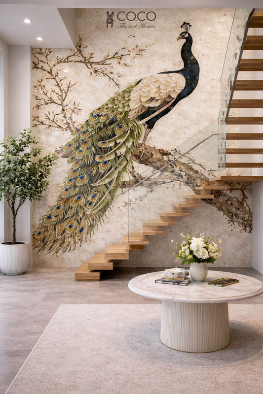 Imperial Plume: Natural Stone Mosaic of Peacock on Branch with Blossoms