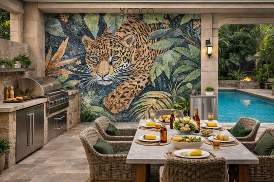 Jungle Majesty: Natural Stone Leopard Mosaic Wall Art