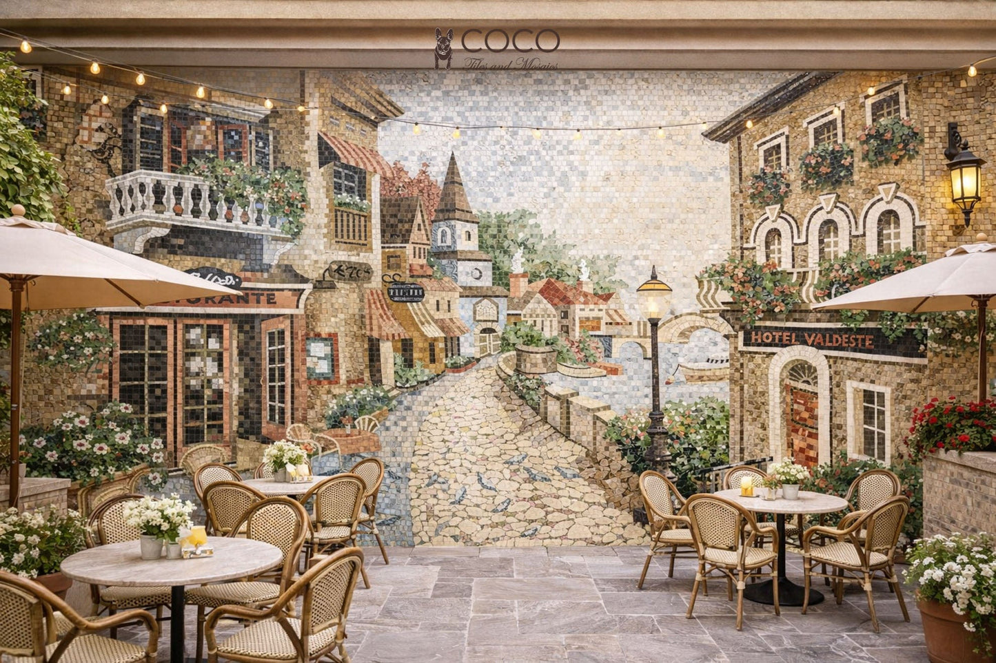La Dolce Vita: Handcrafted Mosaic Art of Italian Café and Courtyard Scene