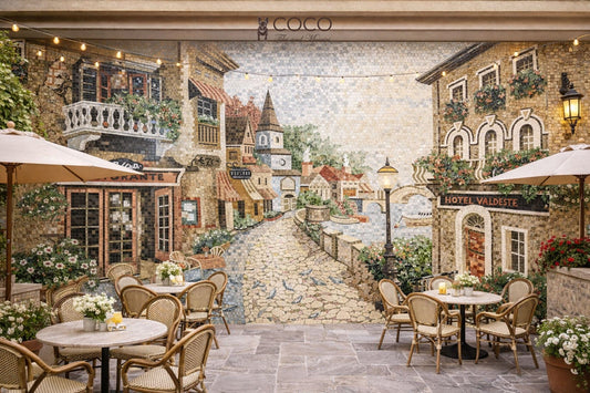 La Dolce Vita: Handcrafted Mosaic Art of Italian Café and Courtyard Scene
