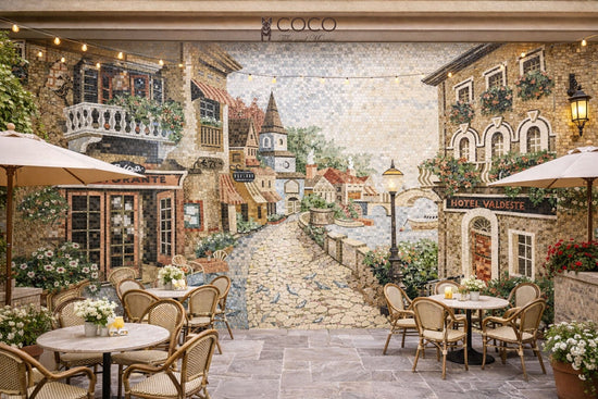 La Dolce Vita: Handcrafted Mosaic Art of Italian Café and Courtyard Scene With Frame