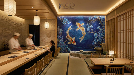 Midnight Koi Garden - Japanese Glass Mosaic Mural