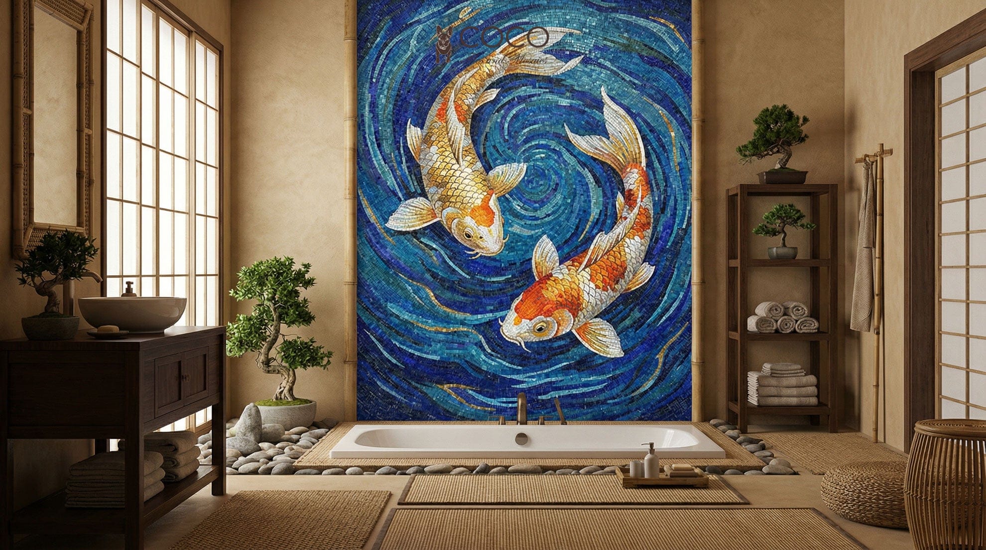 Midnight Koi Garden - Japanese Glass Mosaic Mural