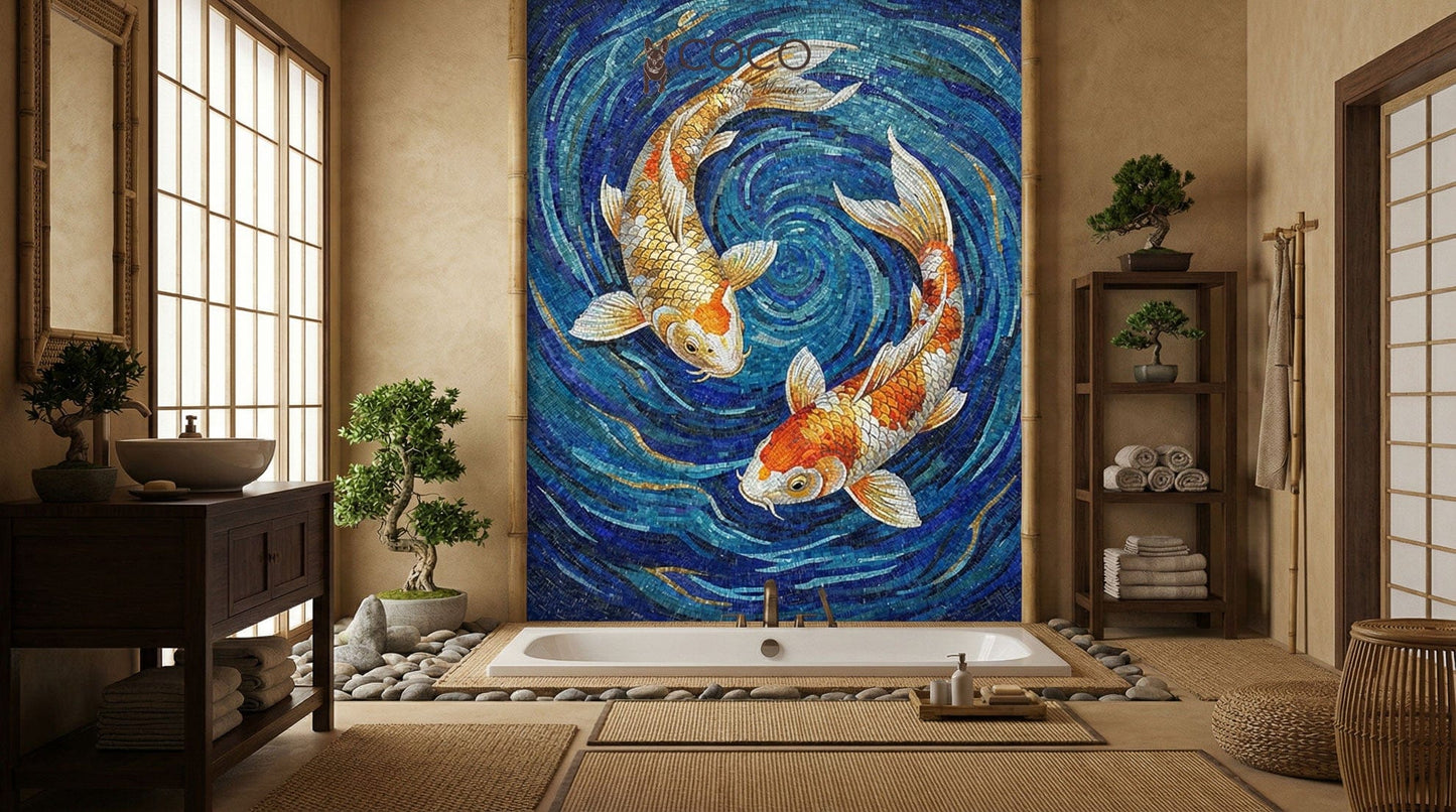 Midnight Koi Garden - Japanese Glass Mosaic Mural