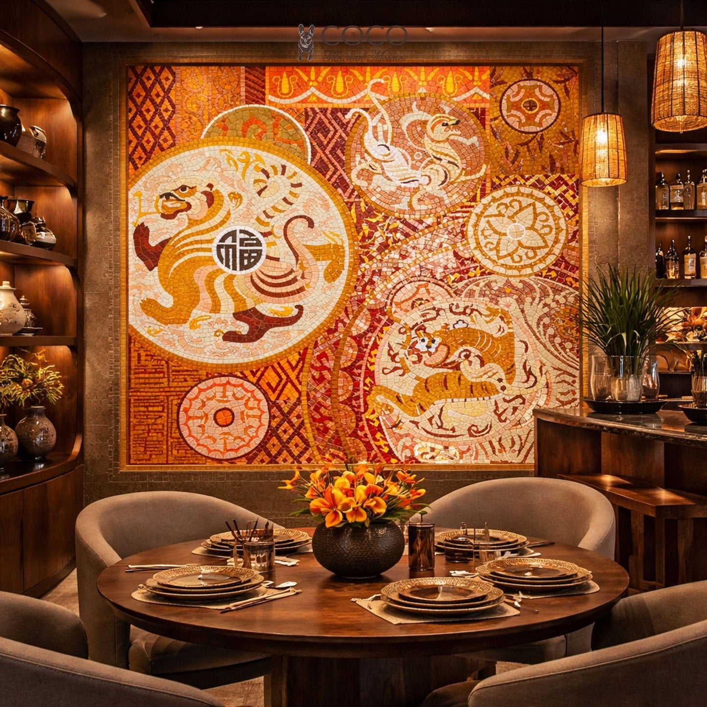 Mythical Guardians Tiger Mosaic Tile Wall