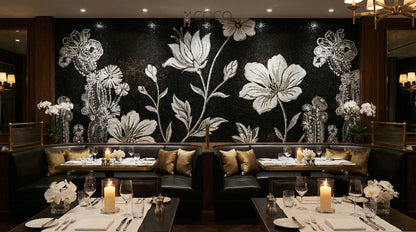 Nocturnal Petals - Black & Ivory Floral Glass Mosaic