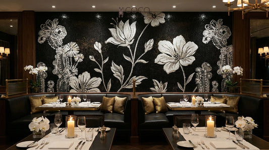 Nocturnal Petals - Black & Ivory Floral Glass Mosaic