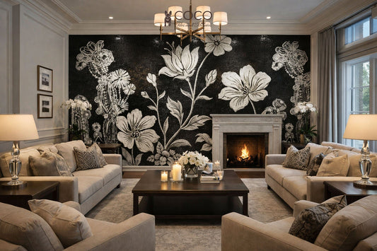 Nocturnal Petals - Black & Ivory Floral Glass Mosaic