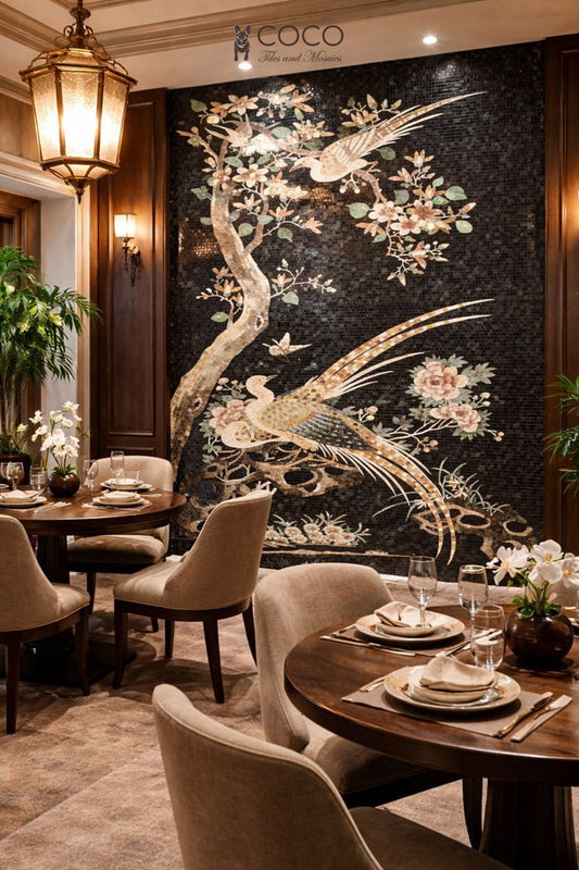 Spring Sonata: Handcrafted Mosaic Mural with Birds and Cherry Blossoms on Black Stone