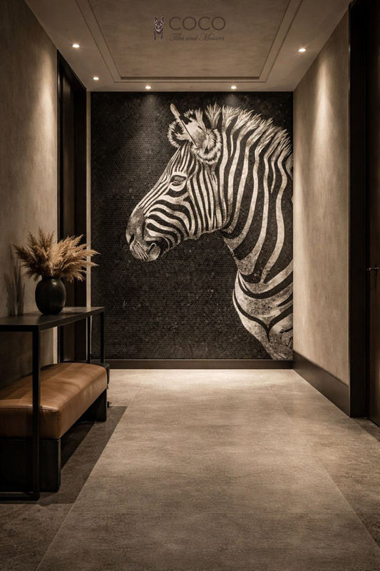 Tripes & Silence : Black and White Stone Mosaic Wall Art of Zebra Head