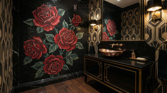 Velvet Noir Roses - Red Floral Glass Mosaic Mural