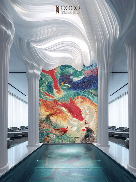 Scarlet Koi - Red &
Teal Swirling Fish
Glass Mosaic Mural