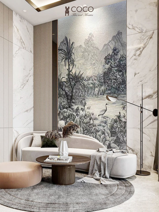 Silver Lagoon -
Monochrome Tropical
Landscape Glass
Mosaic Mural