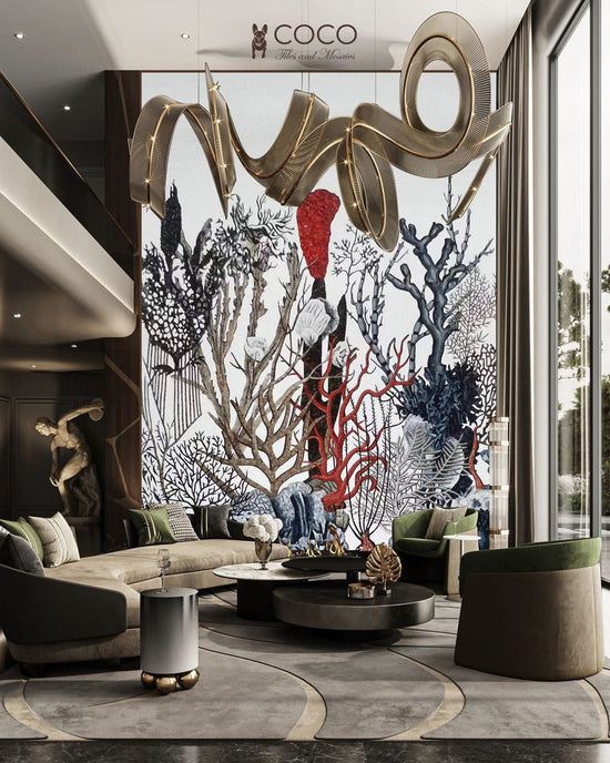 Coral Reef Garden -
Red & Charcoal Marine
Botanical Glass Mosaic
Mural