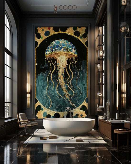 Art Nouveau Jellyfish -
Teal & Gold Marine
Glass Mosaic Art