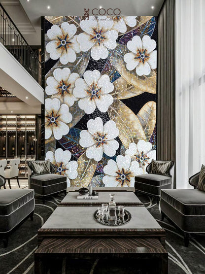 Luminous Plum
Blossom - White &
Gold Floral Glass
Mosaic Mural