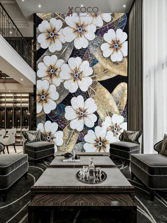 Luminous Plum
Blossom - White &
Gold Floral Glass
Mosaic Mural