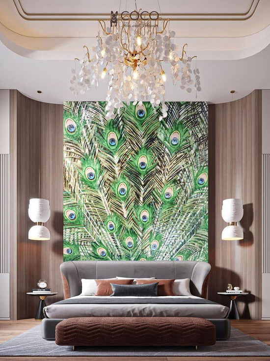 Emerald Plume -
Green & Gold Peacock
Feather Glass Mosaic
Mural