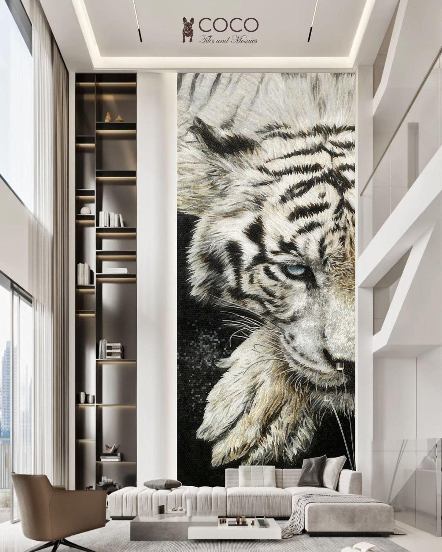 Polar Prowl - Monochrome White Tiger Portrait Glass Mosaic Mural