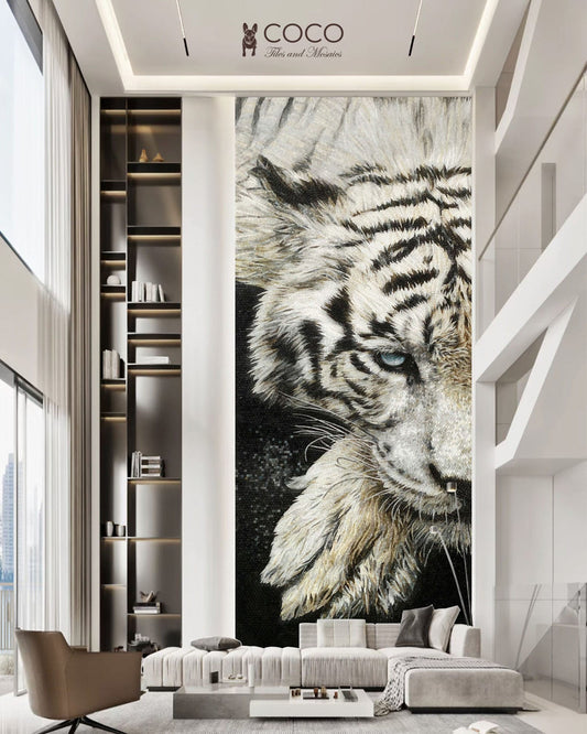 Polar Prowl - Monochrome White Tiger Portrait Glass Mosaic Mural